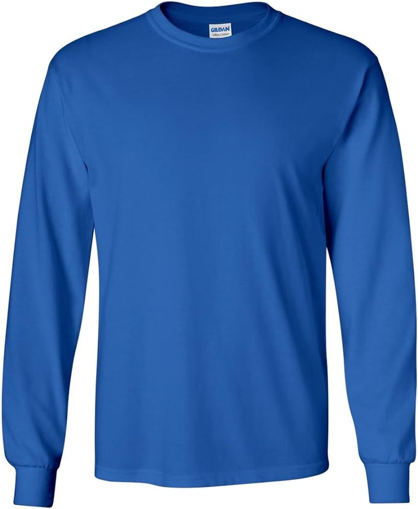 A blue long sleeve shirt with a white background