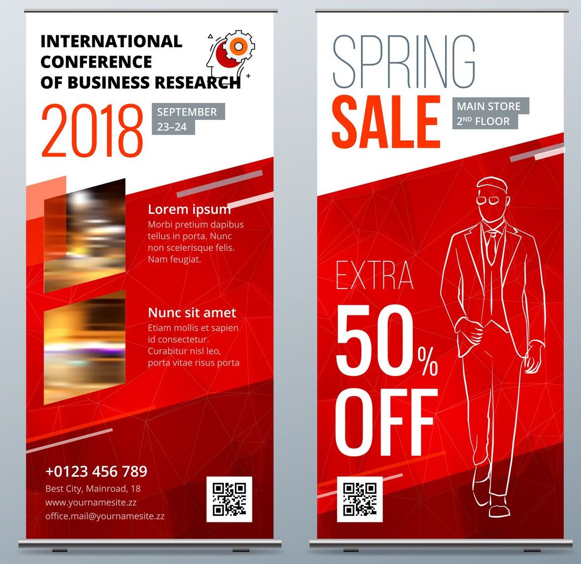 A banner for an international conference of business research and a banner for a spring sale