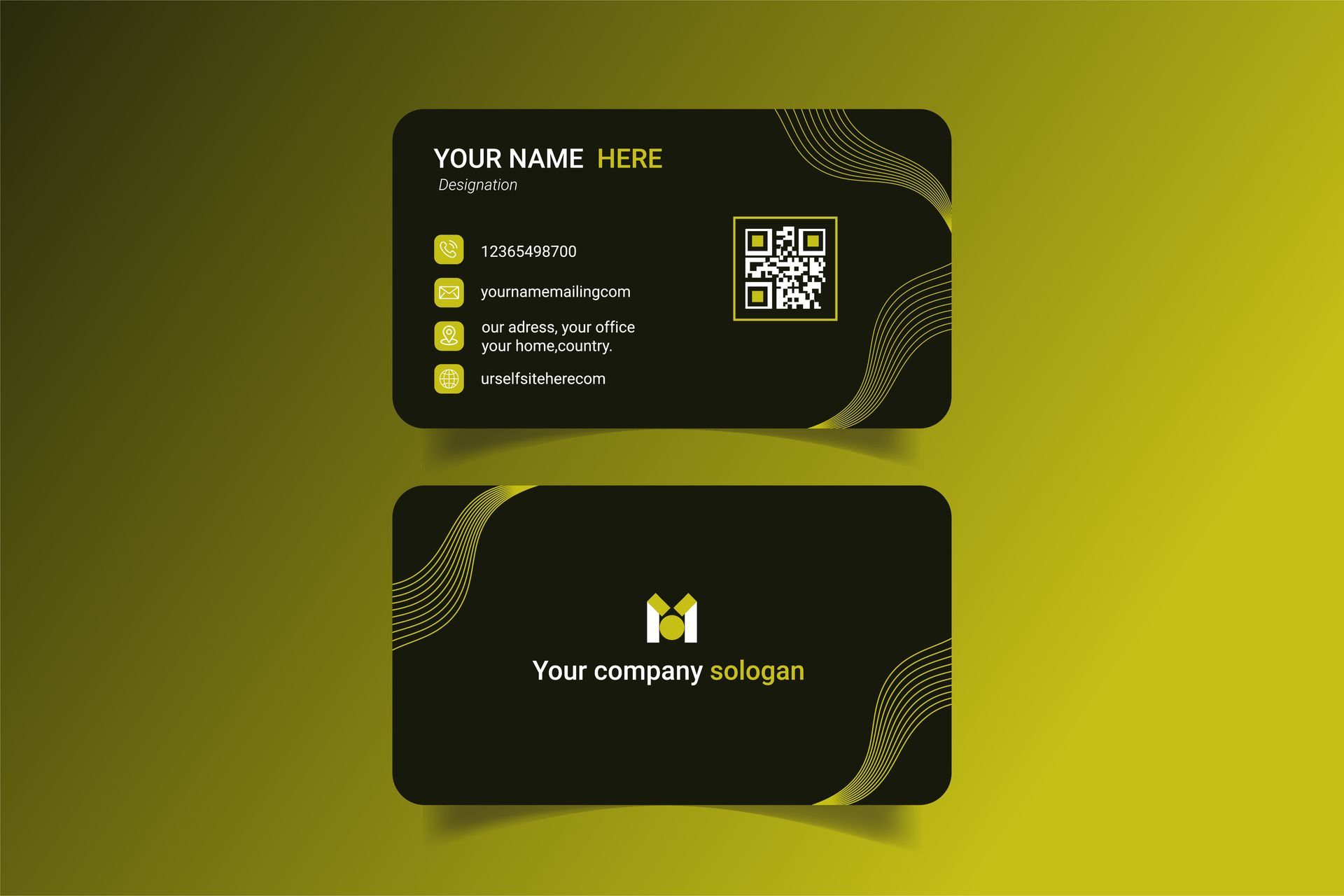 A black and yellow business card with a qr code on it.