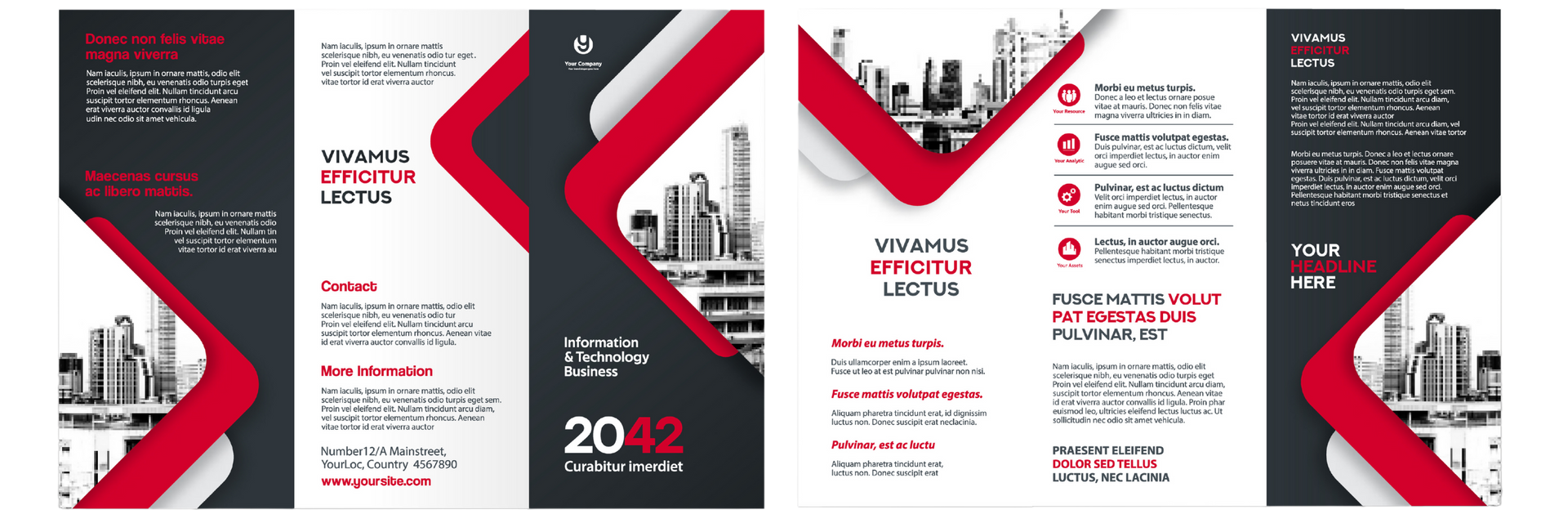 A set of red and black brochures with a city in the background.