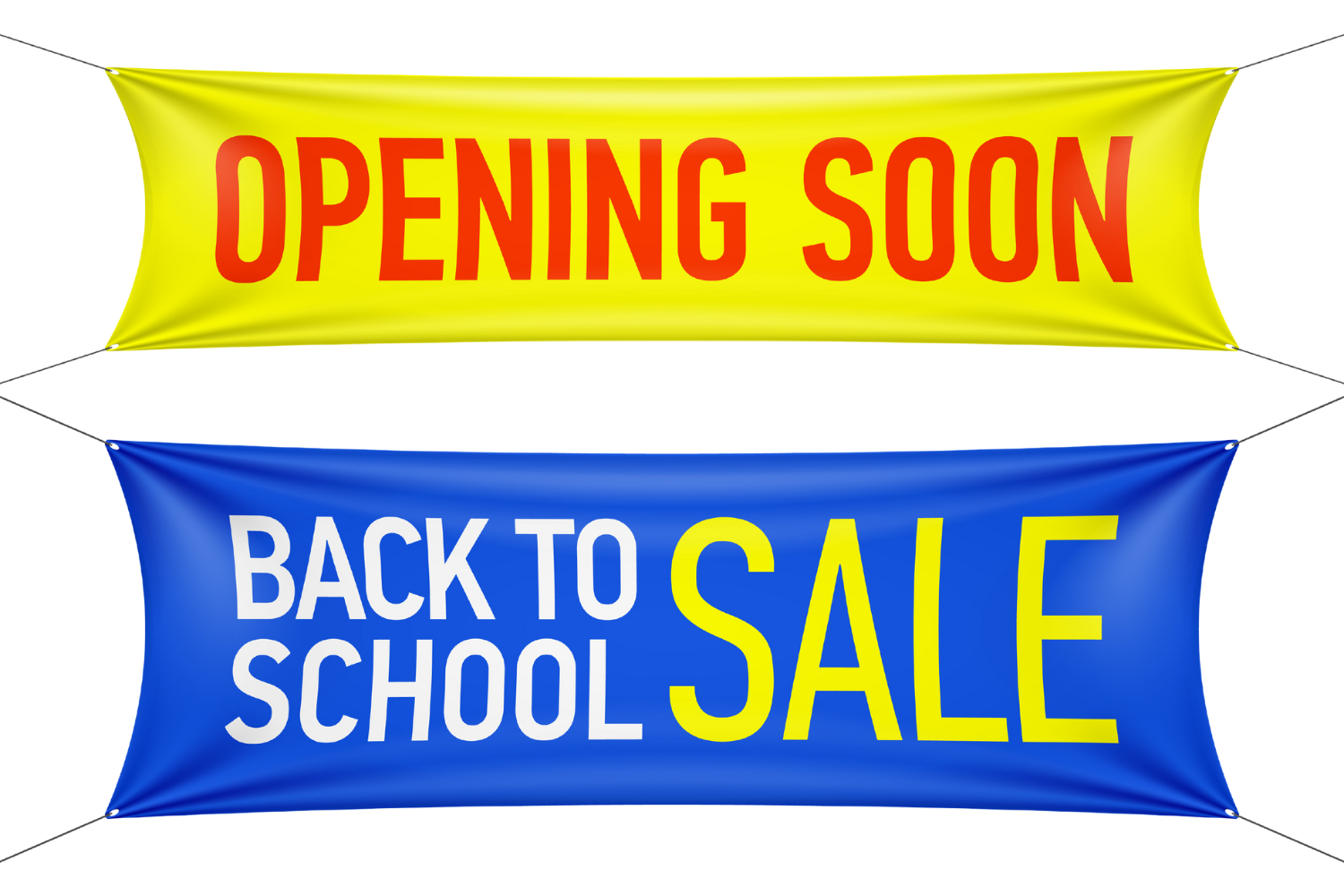 A yellow and blue banner that says opening soon and back to school sale