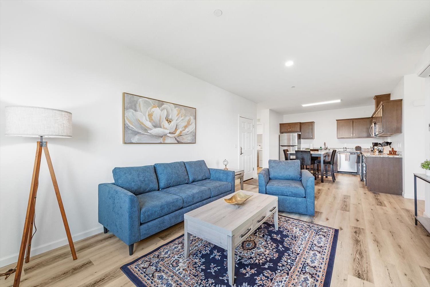 Open-concept living area with a blue sofa and an open kitchen in the background. Explore inviting interiors in Brentwood, CA.