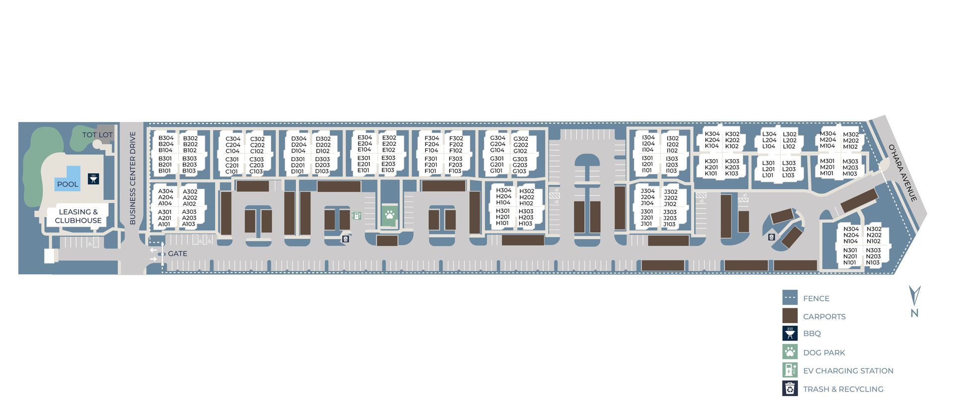 Floor plan of a building complex with units, shops, a pool, and green space, with a key in the lower right corner.