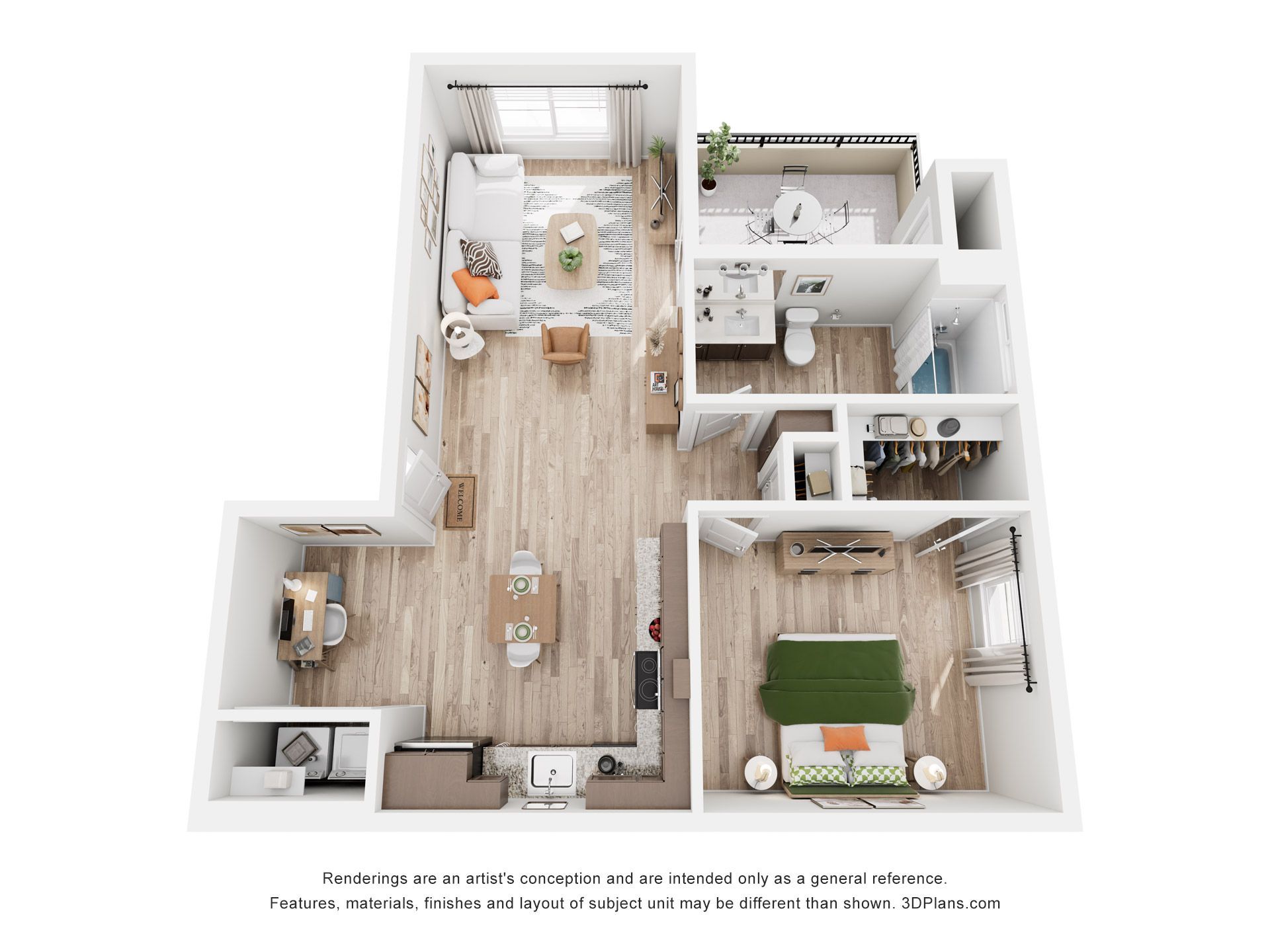 Floor plan of a furnished apartment with living area, bedroom, bathroom, kitchen, and a workspace.