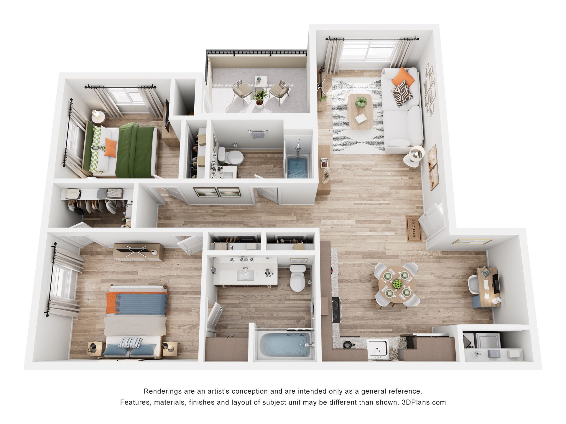 Floor plan of an apartment with two bedrooms, living room, dining area, kitchen, and two bathrooms.