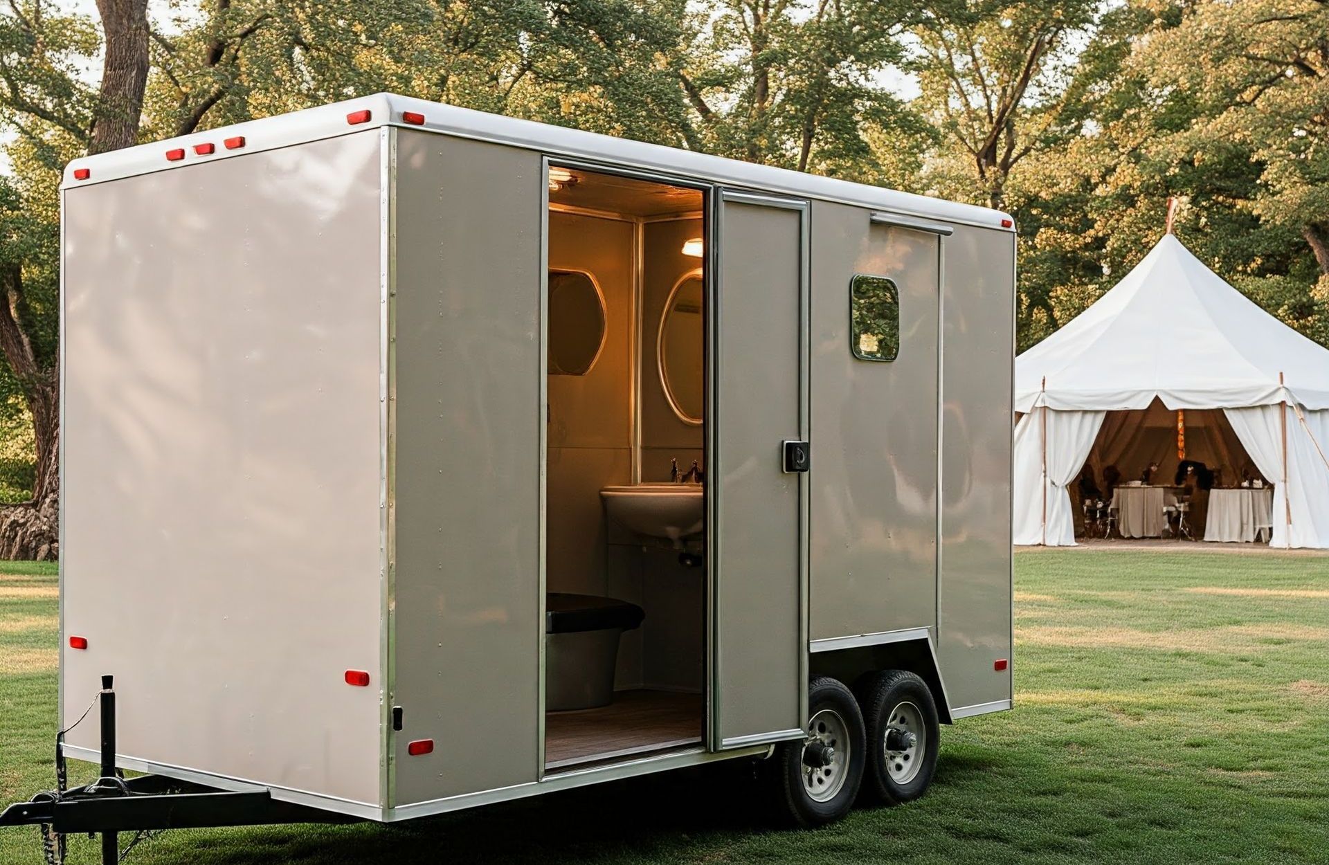 Luxury restroom trailer rental  at a wedding in Central Oregon