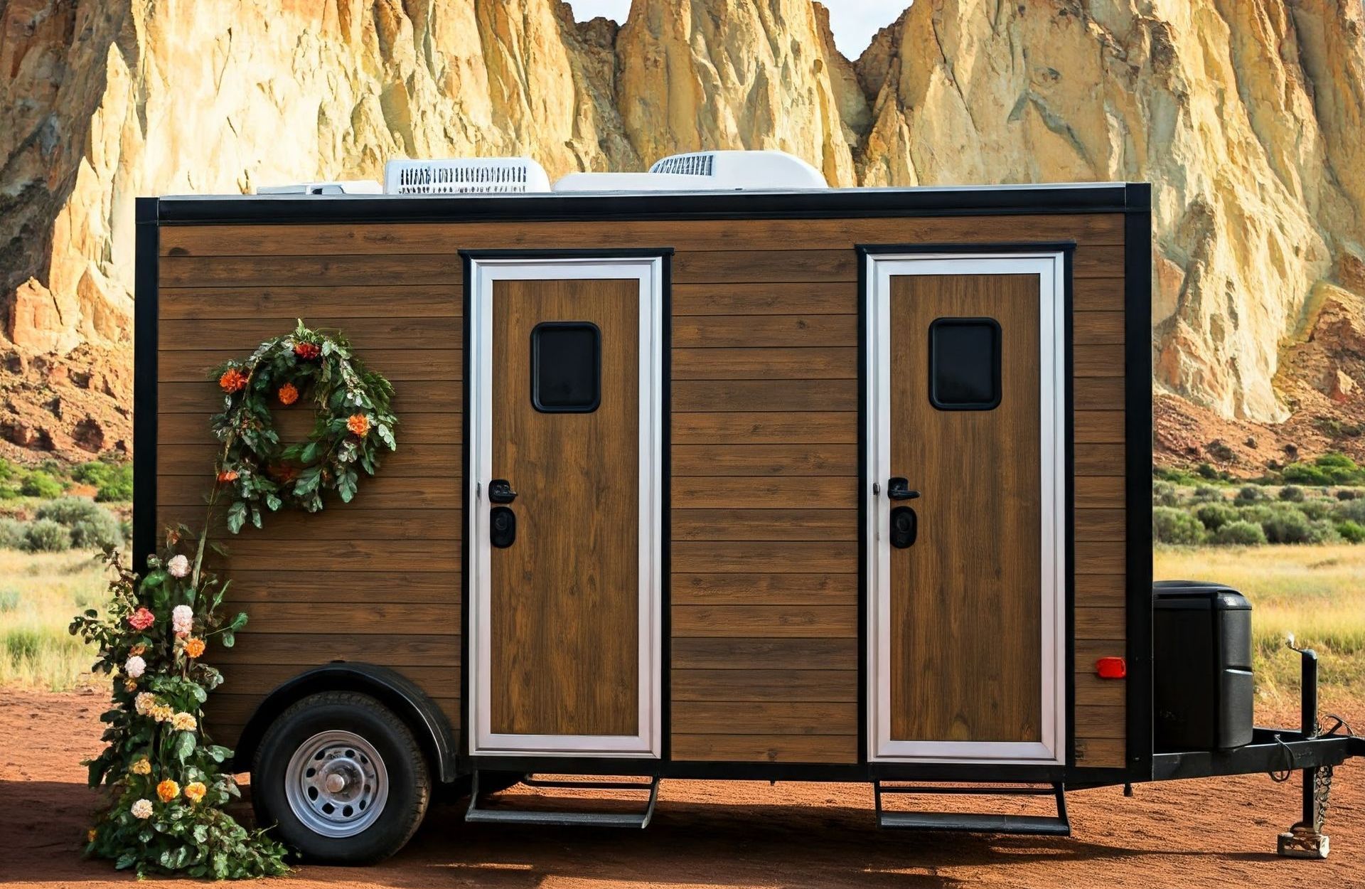 Elegant luxury restroom trailer with decorations on it for an event at Smith Rock in Central Oregon