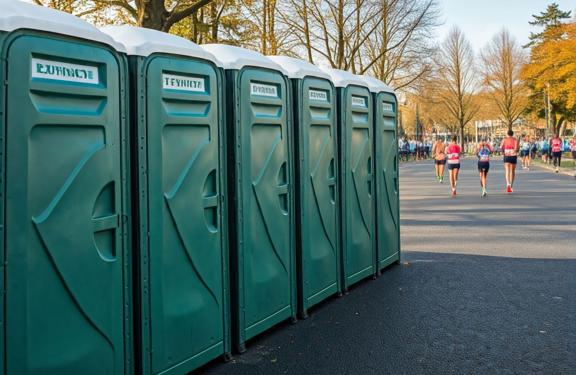 Row of quality and affordable porta potties at a running event