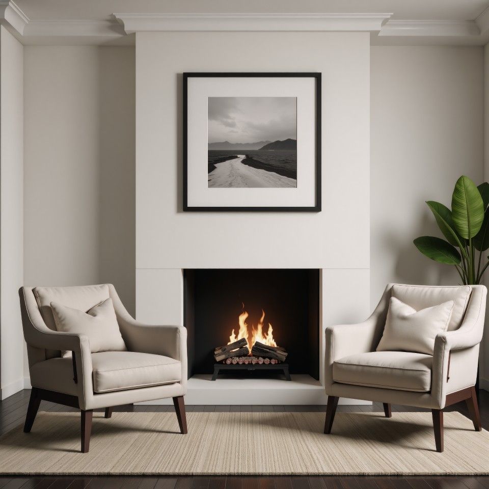 Minimal living room with lit fireplace, two beige armchairs, framed wall art, and a potted plant.