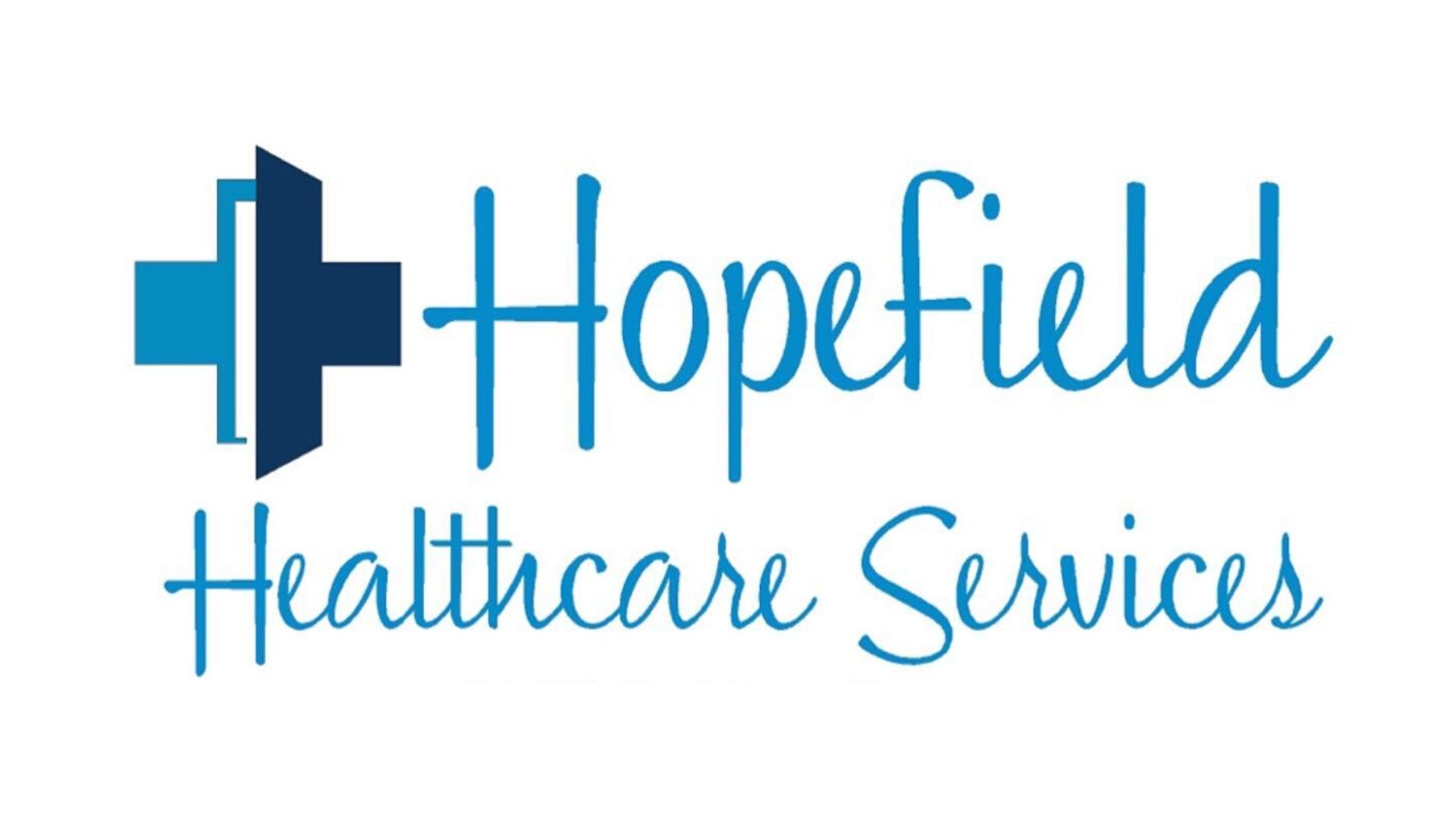 The logo for hopefield healthcare services has a blue cross on it.