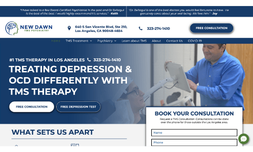 A screenshot of a website for a company called new dawn treating depression and ocd differently with tms therapy.