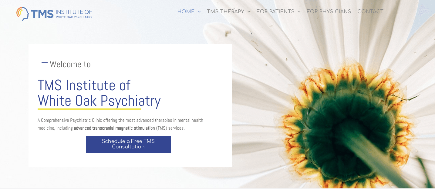 A website homepage for the tms institute of white oak psychiatry