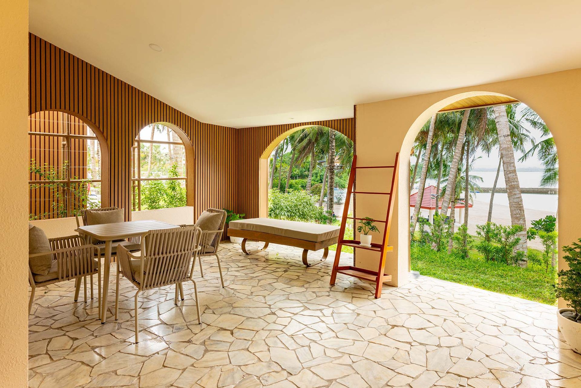 Costa Solana Family Beach Villa open terrace with arched walls and ocean view