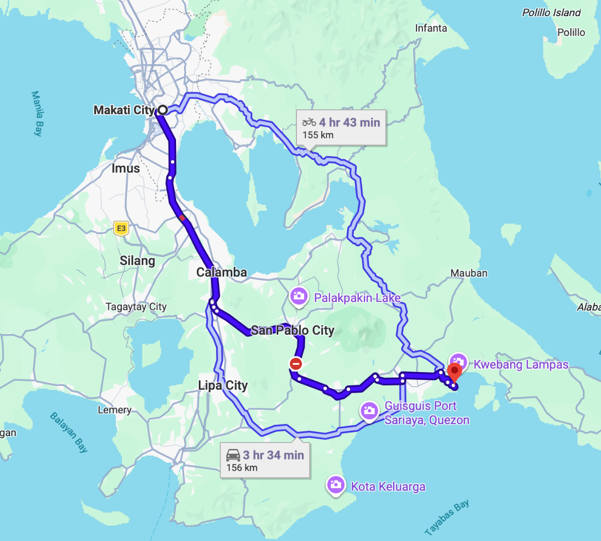 Google Maps route from Makati City to Costa Solana Resort, Pagbilao, Quezon via SLEX