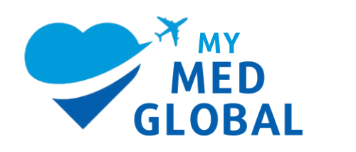 MyMedGlobal Logo is a two toned Blue heart with an airplane flying across the heart