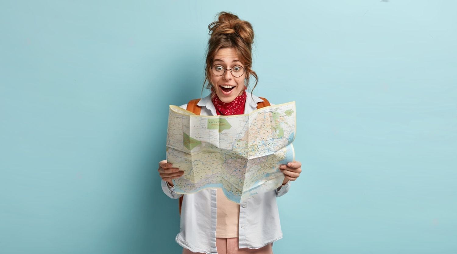 Stock Photo Photo Of Happy Shocked Female Stares At Map Enjoys Adventure During Summer Vacations Joyful To 1395204173 Transformed 3cfb584e 1920w 