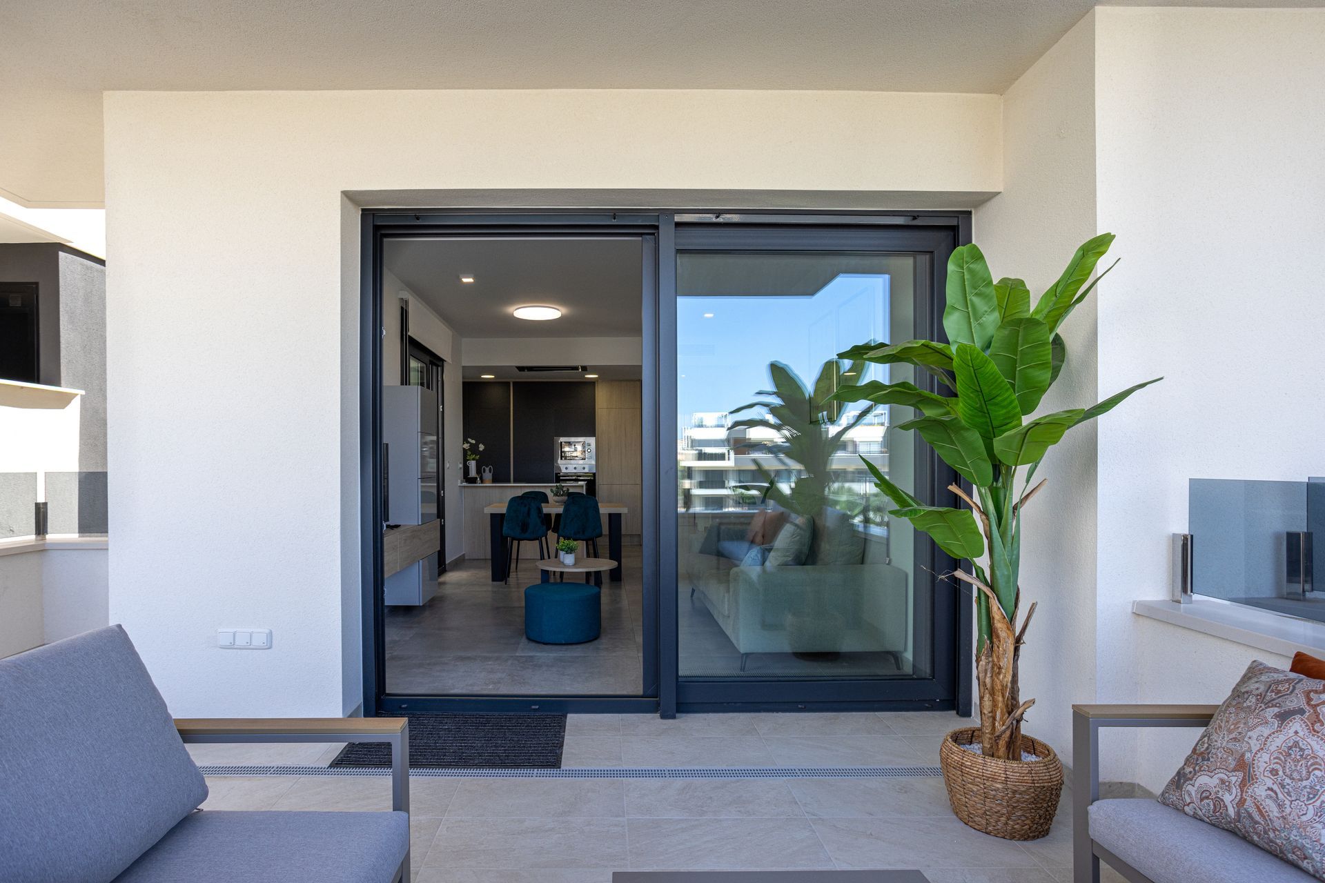 A view from a patio through glass doors into a modern apartment, featuring a potted plant and outdoor lounge furniture.