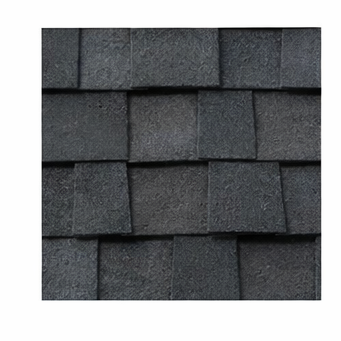 A close-up view of dark grey asphalt roof shingles arranged in a overlapping, uniform pattern.