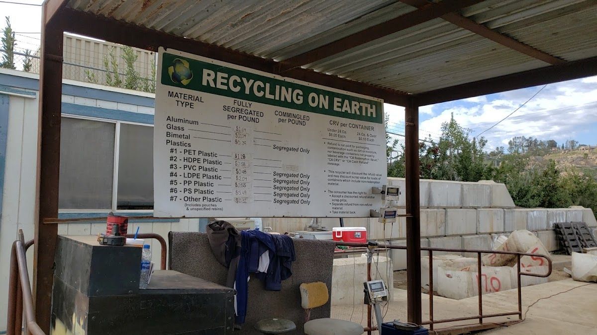 A shed with a sign that says recycling on earth