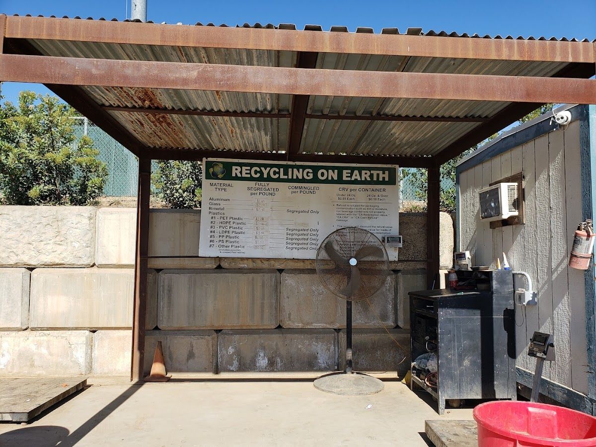 A shed with a sign that says recycling on earth