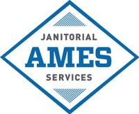 A blue and white logo for janitorial ames services