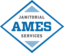 A blue and white logo for janitorial ames services