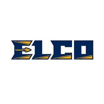 The elco logo is blue and yellow with an arrow in the middle.