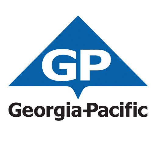 The logo for georgia pacific is a blue triangle with the word gp on it.