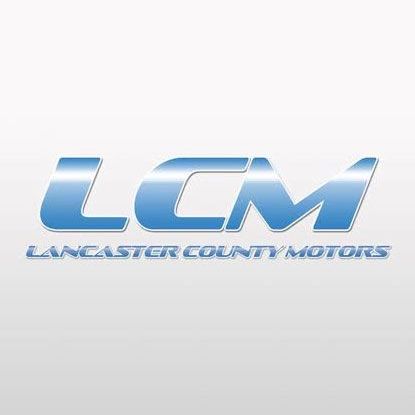 The logo for lancaster county motors is blue and silver on a white background.