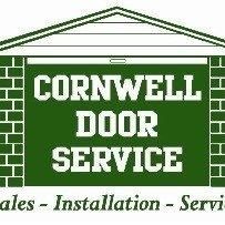 The logo for cornwell door service shows a garage door with a brick wall around it.