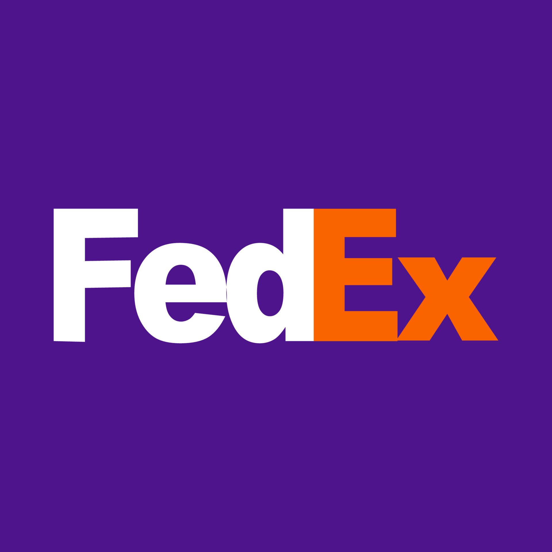 The fedex logo is on a purple background