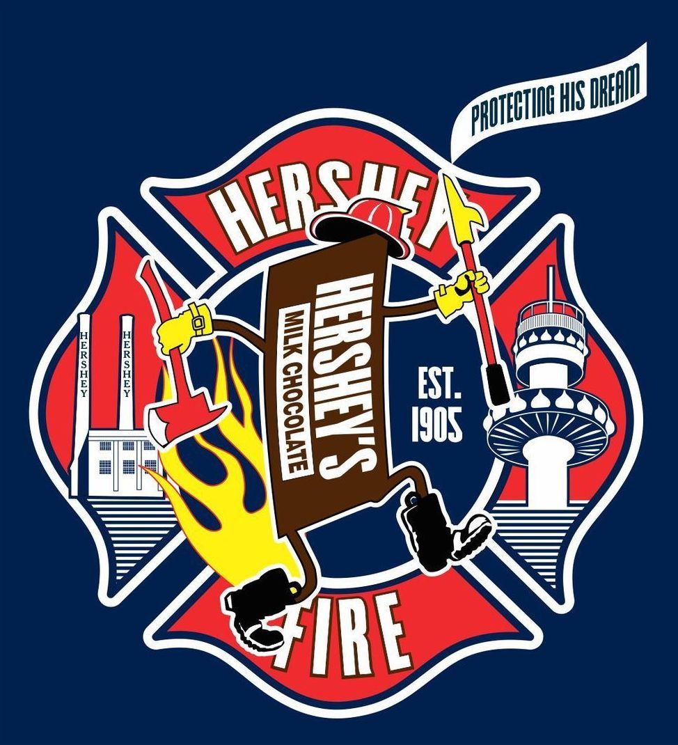 A hershey 's fire logo with a fireman holding a torch
