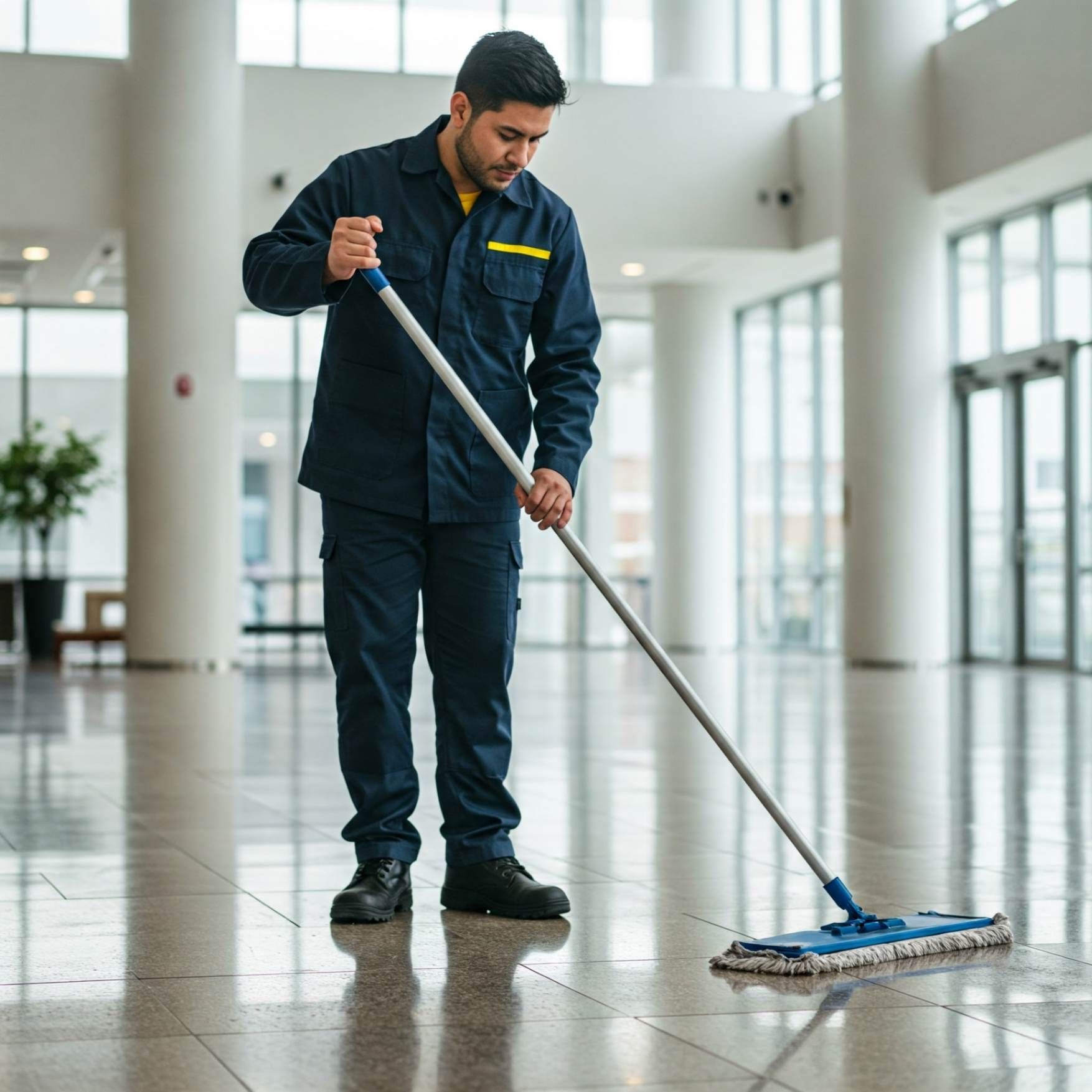 A janitor is cleaning a tiled floor with a mop.