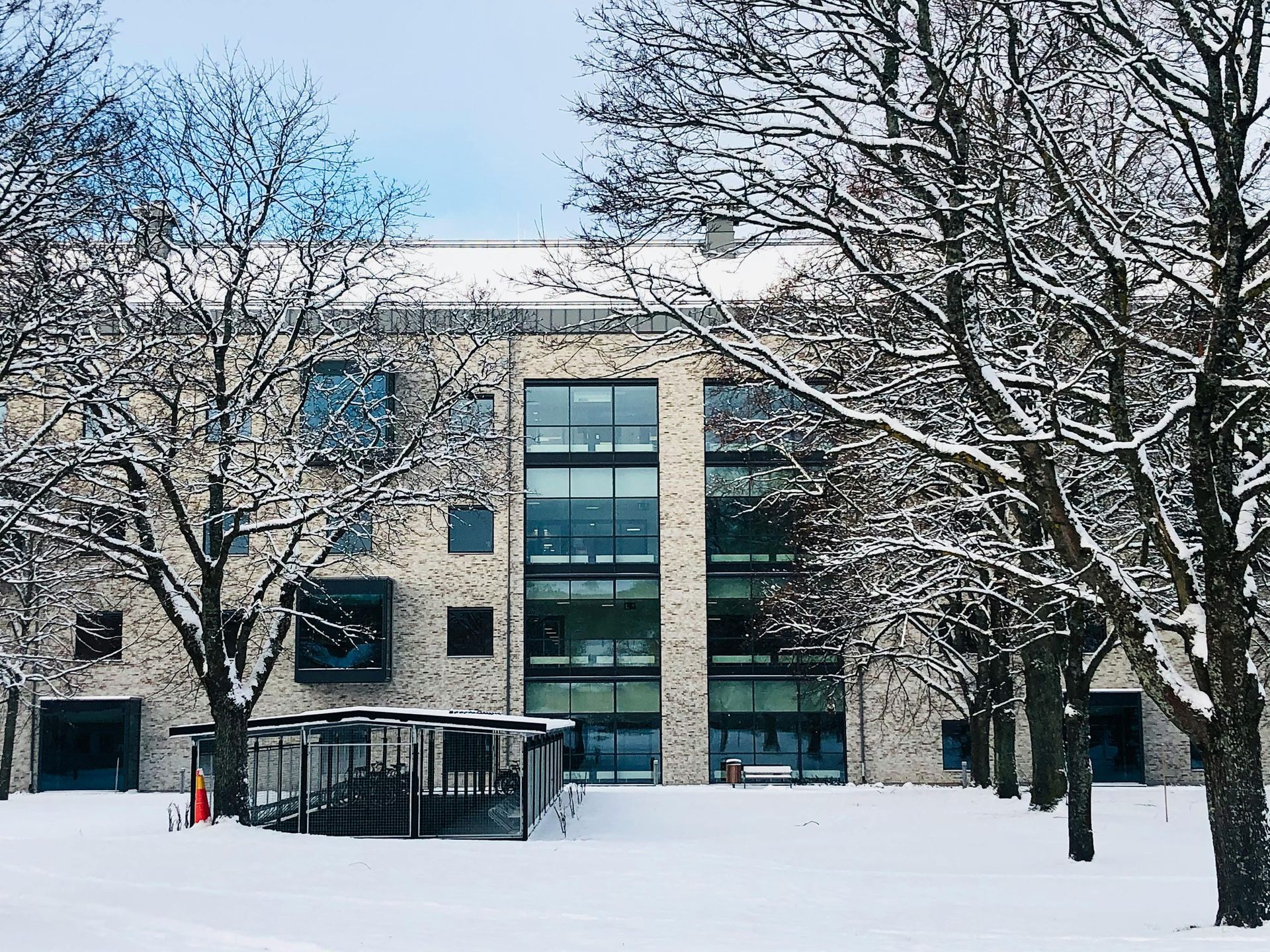 Snow-covered building exterior with large windows, trees, and covered entrance; winter scene.