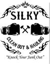 A black-and-white logo for "Silky Clean Out & Hauling" featuring boxing gloves, tools, and the slogan, "Knock Your Junk Out."