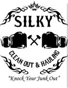 A black-and-white logo for "Silky Clean Out & Hauling" featuring boxing gloves, tools, and the slogan, "Knock Your Junk Out."