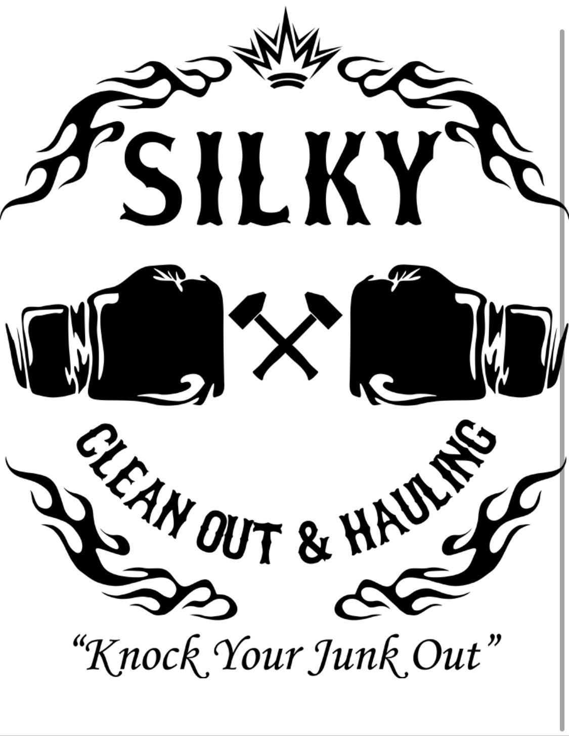 A black-and-white logo for "Silky Clean Out & Hauling" featuring boxing gloves, tools, and the slogan, "Knock Your Junk Out."