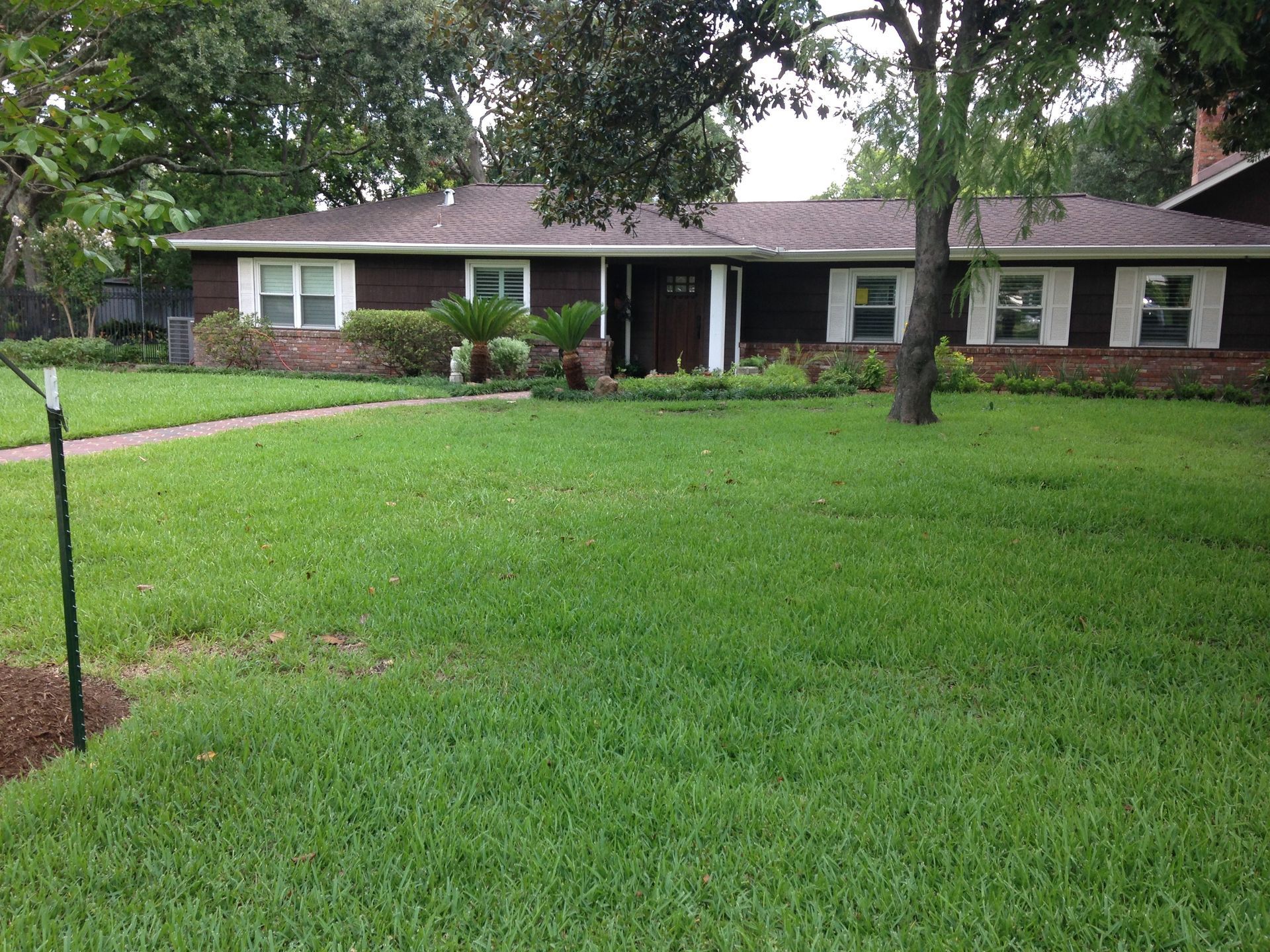A house with a lush green lawn in front of it