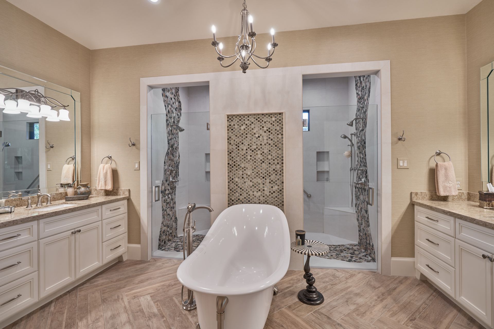 There is a bathtub in the middle of the bathroom.