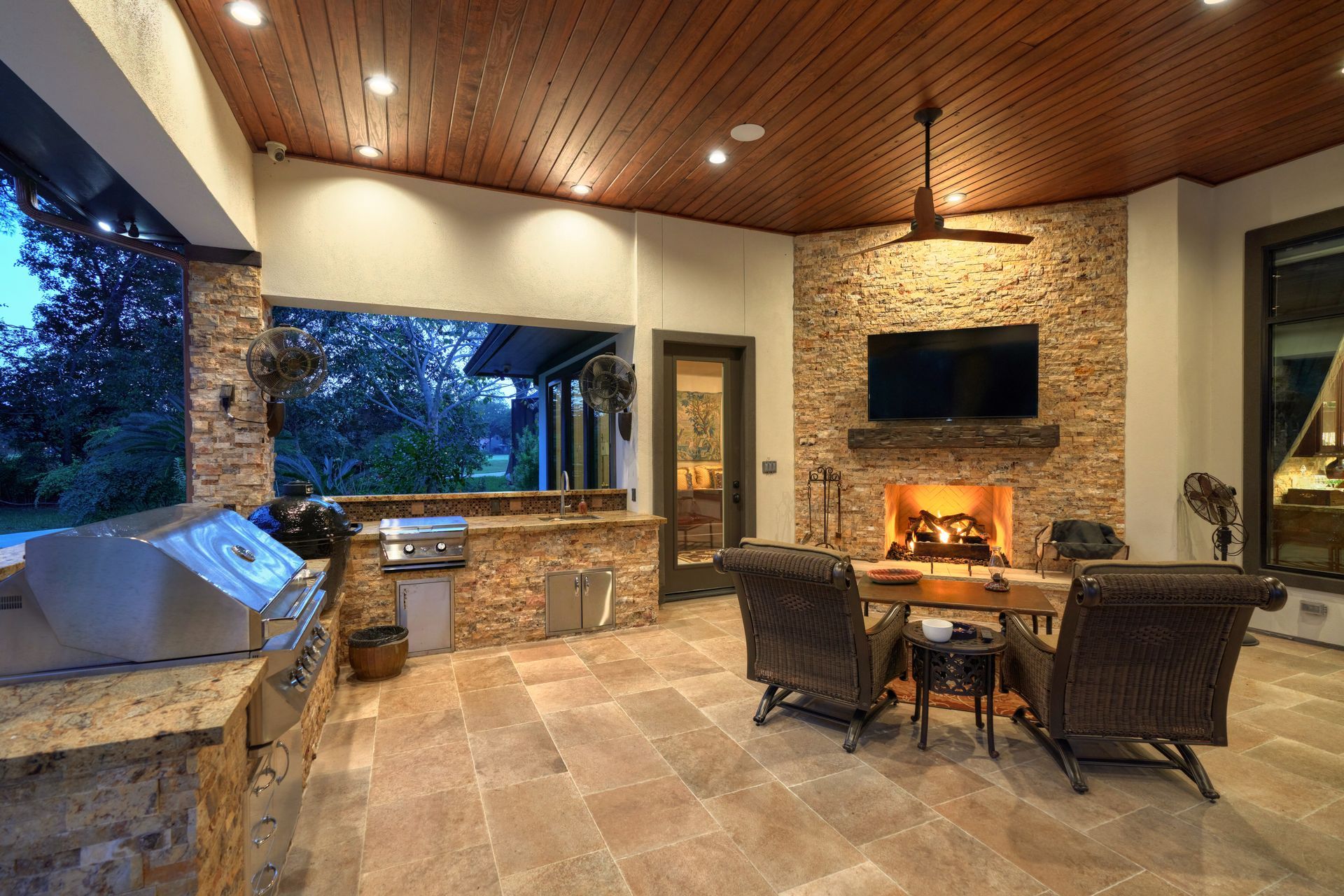 There is a fireplace in the middle of the room.