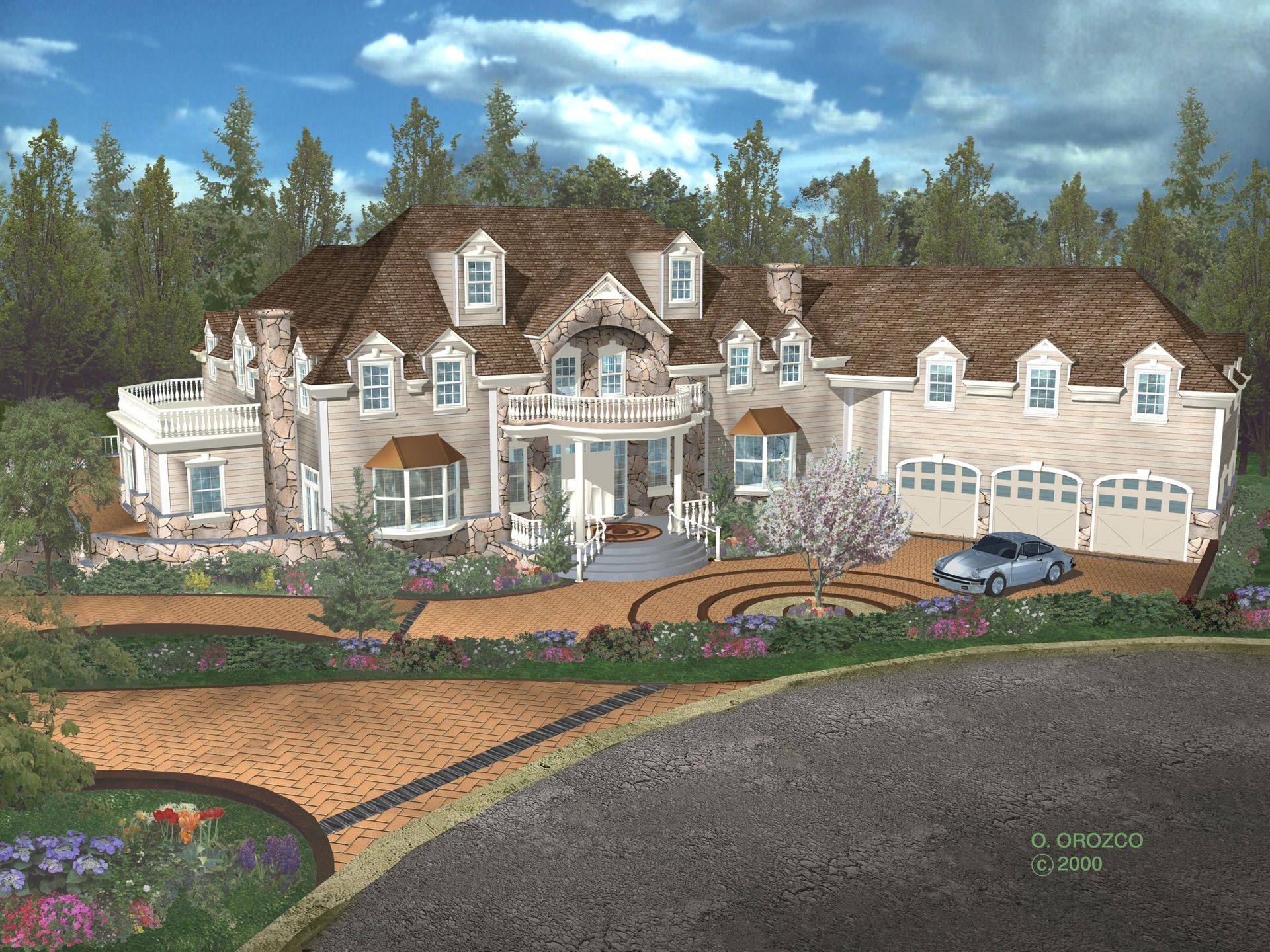 A row of brick houses with cars parked in front of them