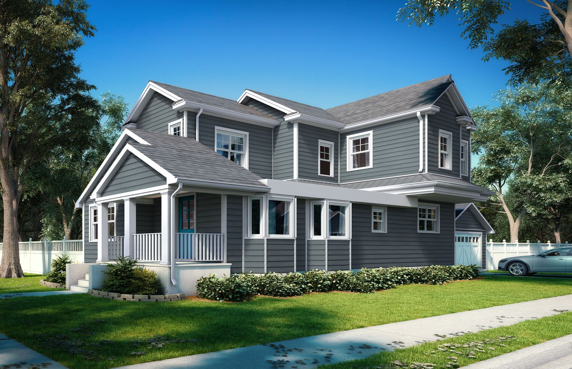 A row of apartment buildings with balconies and a street light in front of them.
