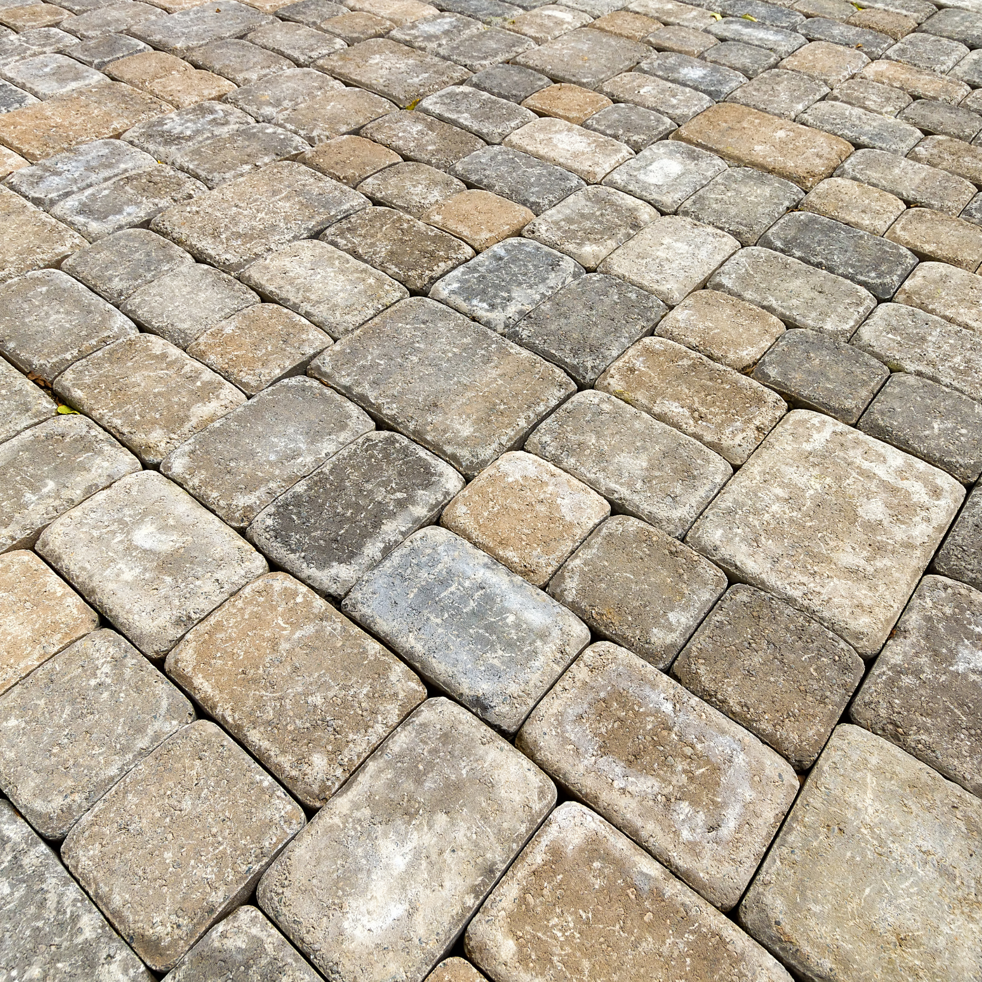 A close up of a brick patio with a diagonal pattern.