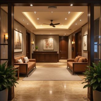 Elegant lobby with seating, art, and a reception desk under soft lighting.