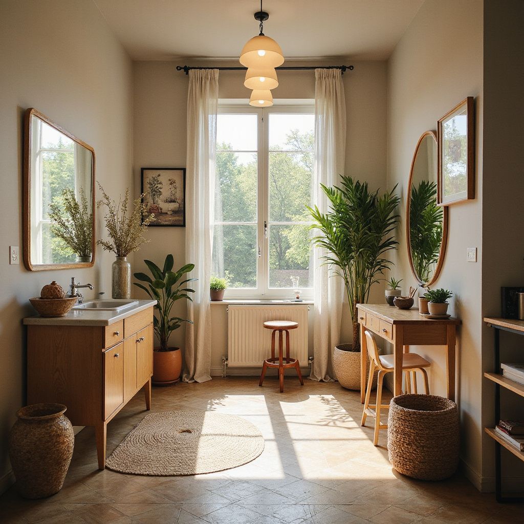 A bright bathroom with natural light, plants, and wood accents.