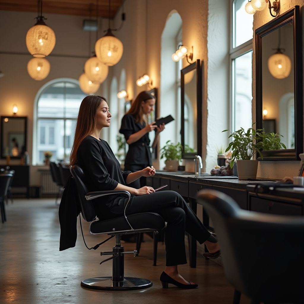 Woman in a salon chair waiting for hair appointment, other stylist working nearby.