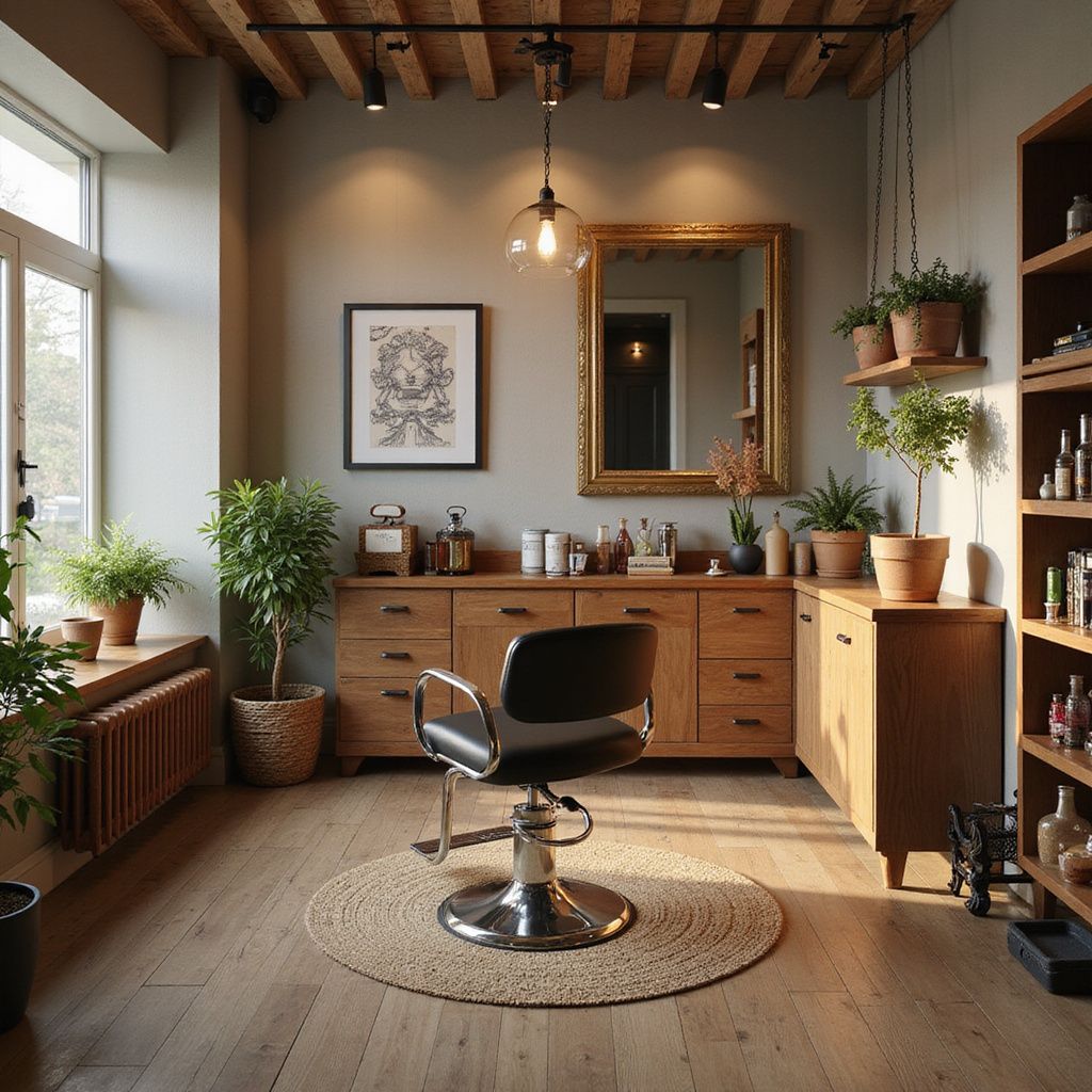 Hair salon interior with a styling chair, mirror, plants, and wooden cabinets.