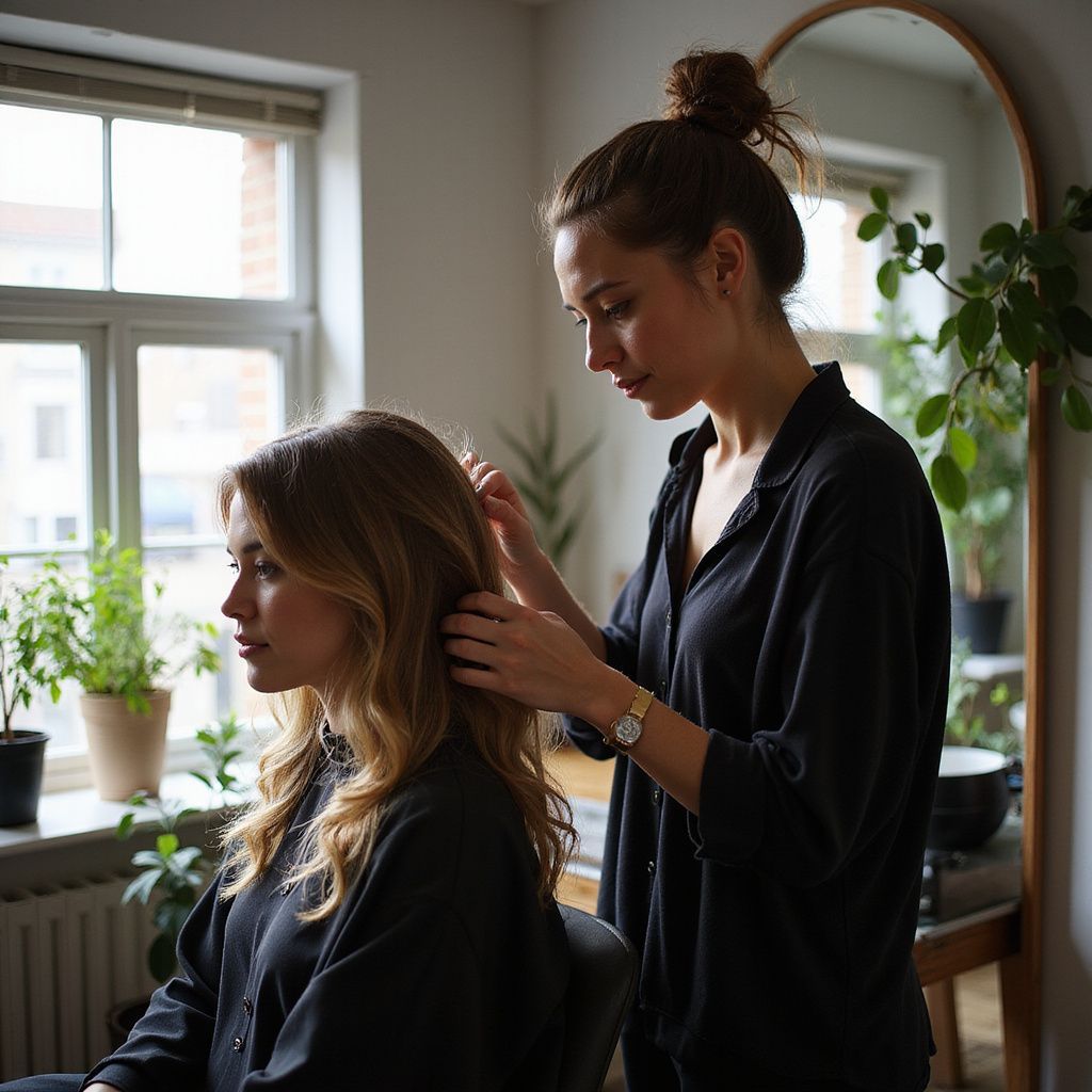 A woman with long wavy hair getting her hair styled by another woman in a well-lit room.