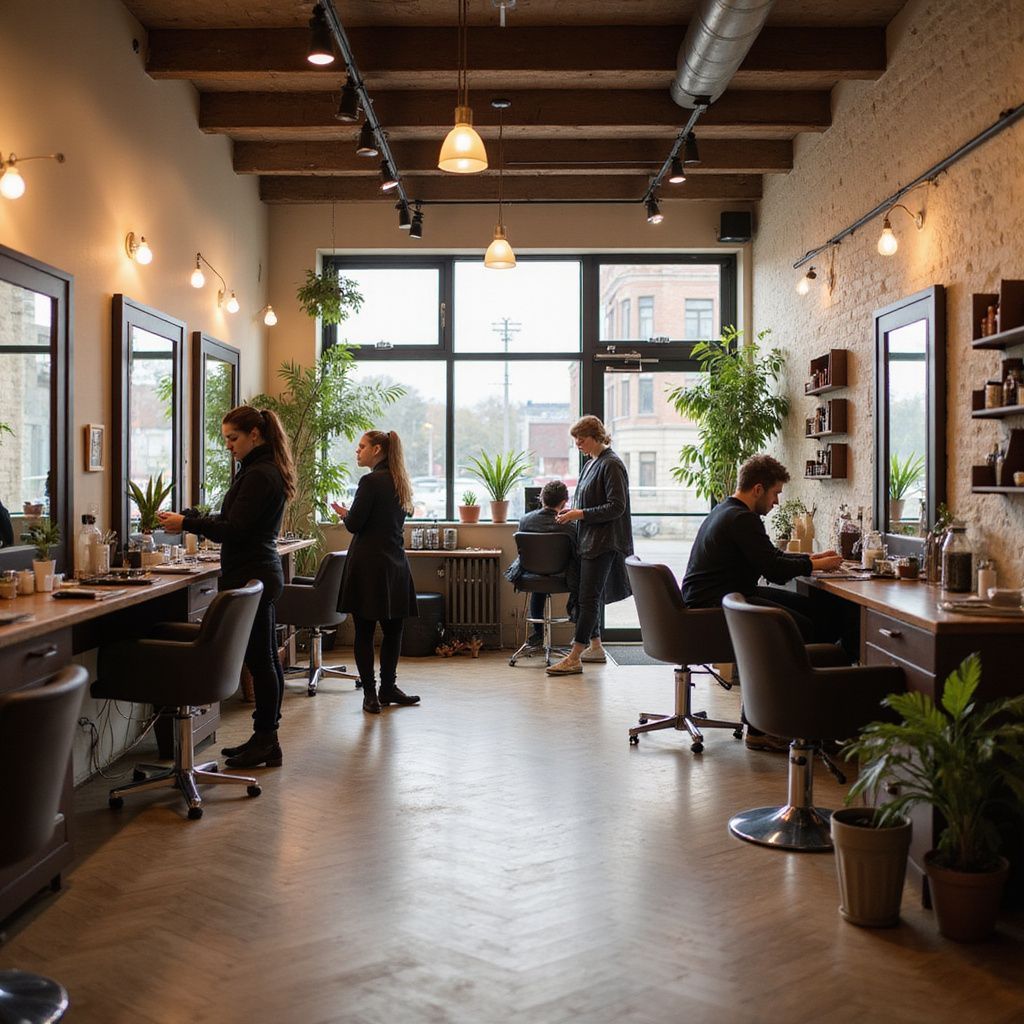 Interior of a hair salon with stylists, clients, mirrors, and plants.