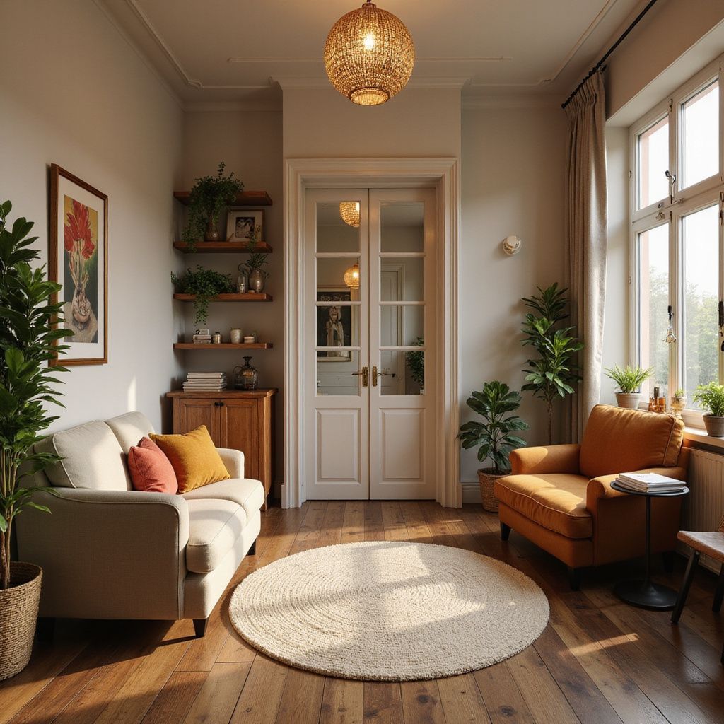 Cozy living room with beige couch, orange armchair, plants, round rug, wooden floors, and a double door.